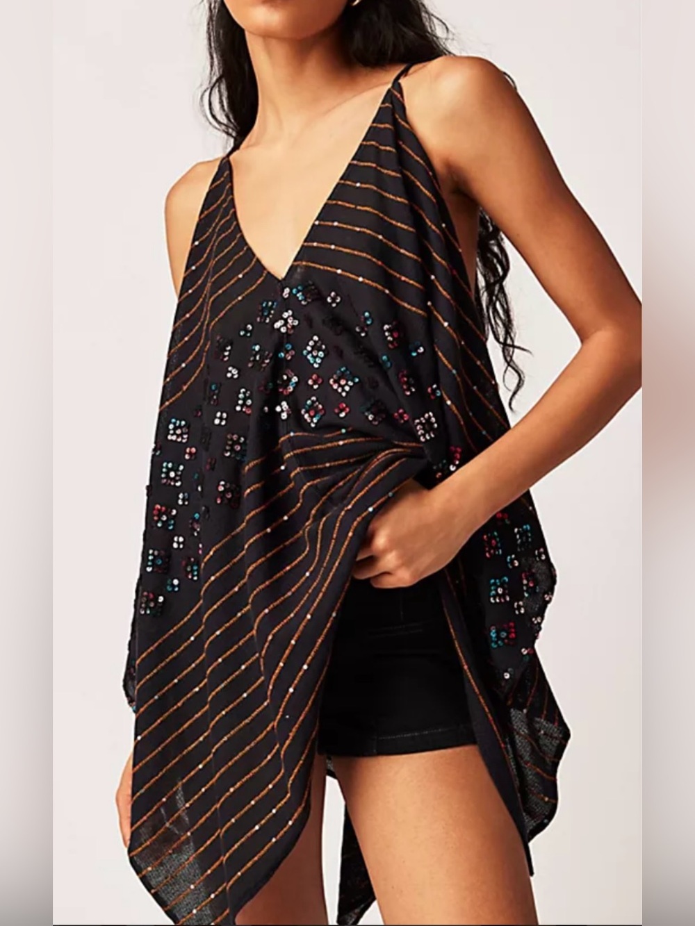 Free People Embellished Black Striped V-Neck Racer Back Top. Size Small